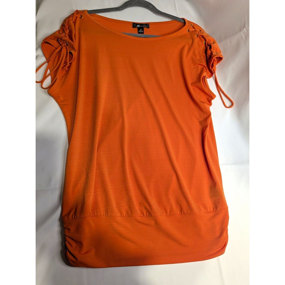 AB Studio Orange Knit Lace-Up Grommet Scoop Neck Short Sleeve Blouse M